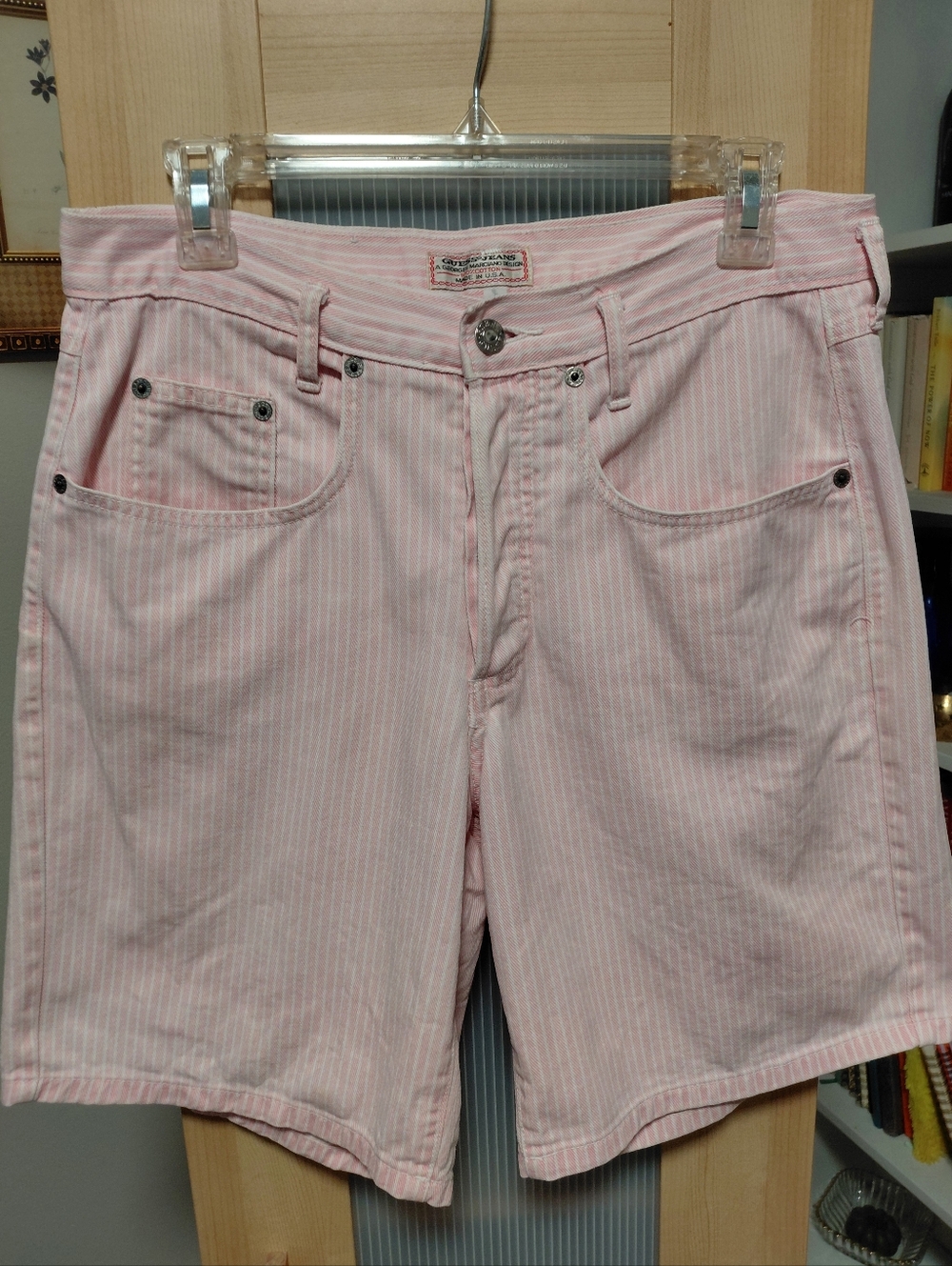 GUESS Vintage 90's Pink White Stripe Cotton Denim Button Fly Shorts Made In USA